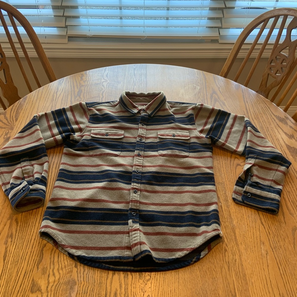 Bridge and Burn Portland Oregon Heavy Flannel Button Down Shirt Tan Navy Stripe